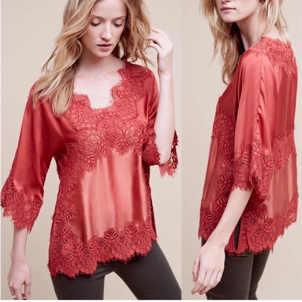 Moulinette Soeurs Anthropologie M Lace‎ Satin Blouse Terracotta Orange Boho Top